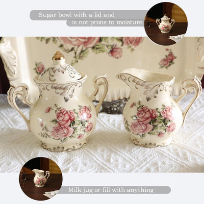 Ceramic Tea Set, 4 Cups and Spoons, One Sugar Bowl, One Milk Kettle, One Storage and Removeable Tray, for Home Party or Wedding Service, Pink Rose