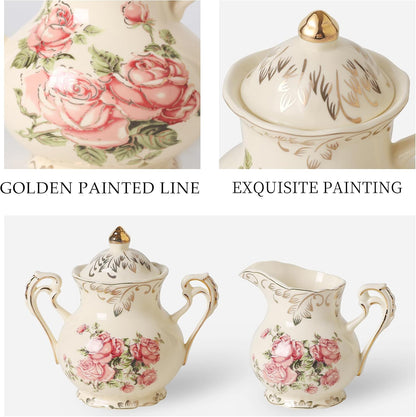 Ceramic Tea Set, 4 Cups and Spoons, One Sugar Bowl, One Milk Kettle, One Storage and Removeable Tray, for Home Party or Wedding Service, Pink Rose