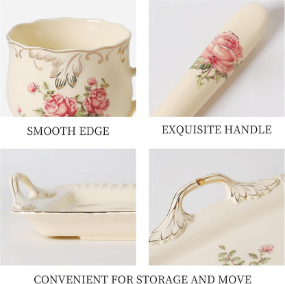 Ceramic Tea Set, 4 Cups and Spoons, One Sugar Bowl, One Milk Kettle, One Storage and Removeable Tray, for Home Party or Wedding Service, Pink Rose