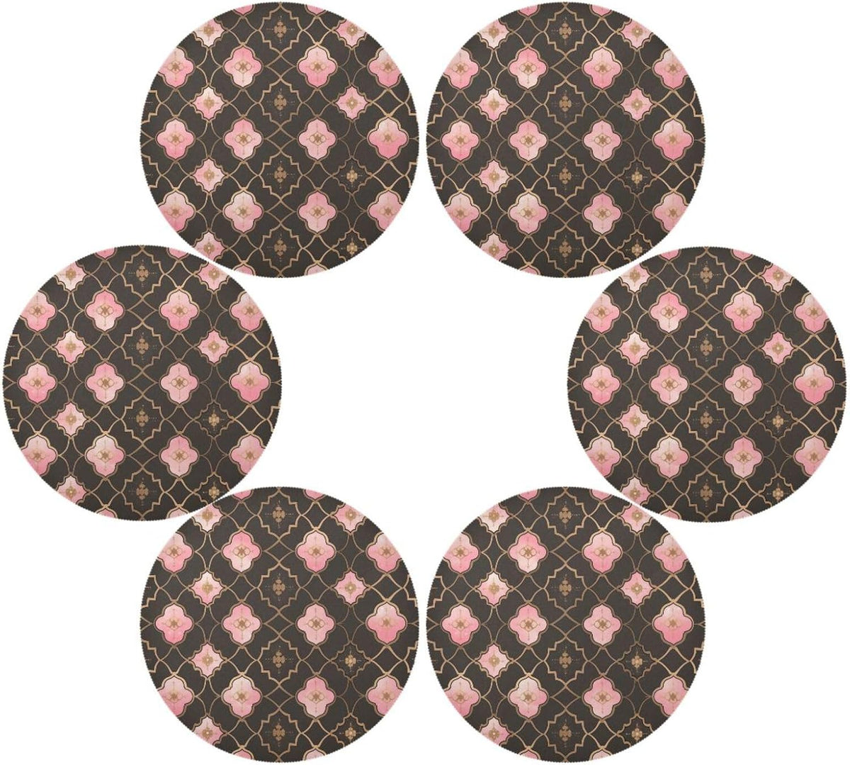 Quatrefoil Pattern Peach Gold Circle placemats Reusable Chalkboard placemats Faux Leather placemats for Dining Table placemats Easy to Clean Waterproof 6 Piecing placemat Set 15.4x15.4in