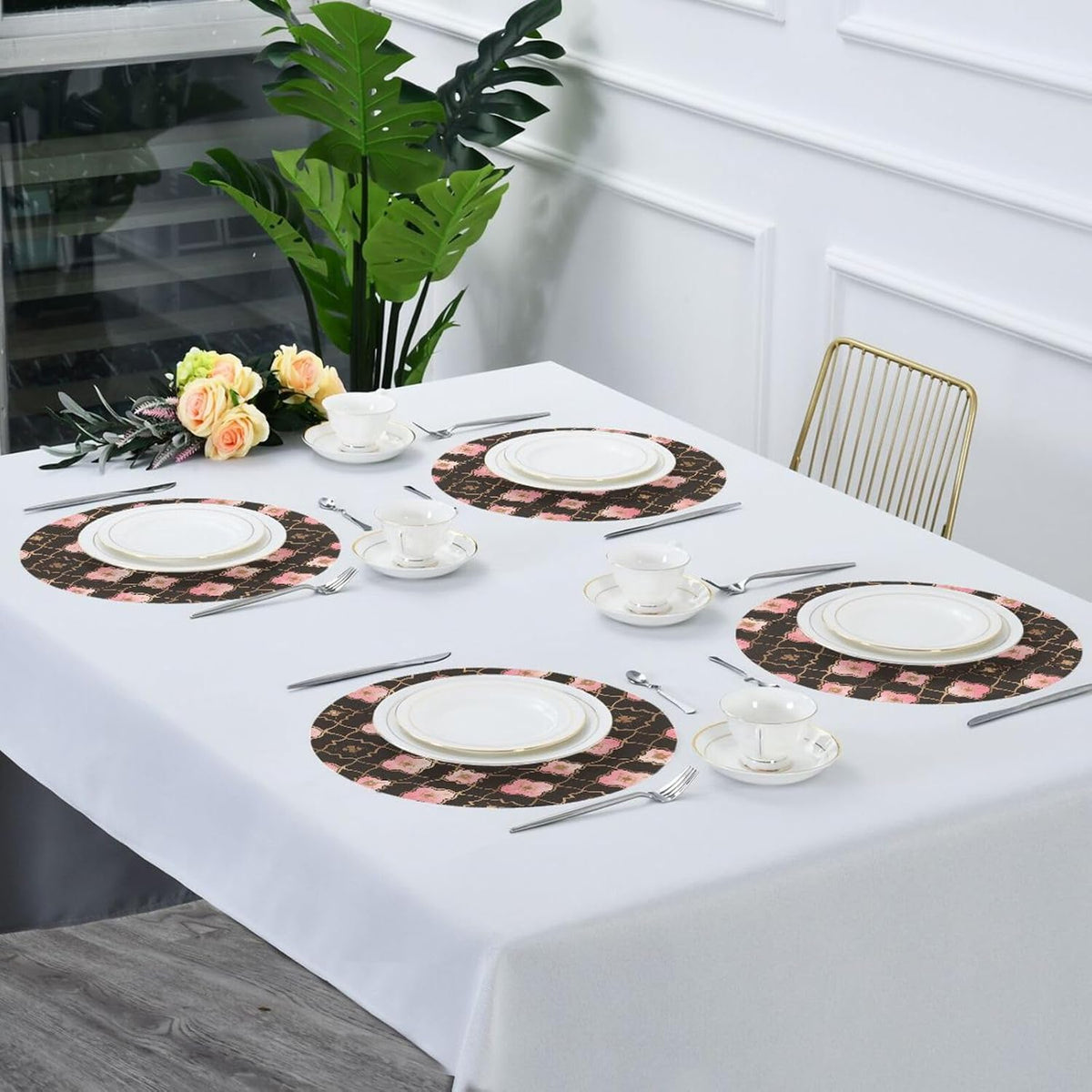 Quatrefoil Pattern Peach Gold Circle placemats Reusable Chalkboard placemats Faux Leather placemats for Dining Table placemats Easy to Clean Waterproof 6 Piecing placemat Set 15.4x15.4in