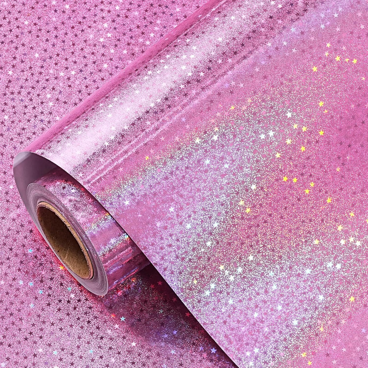 Pink Holographic Wrapping Paper Roll for Girls, Valentine's Day Pink Stars Gift Wrap for Birthday, Wedding, Mother's Day, Christmas, 17 Inches x 16.4 Feet