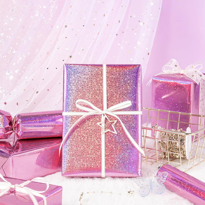 Pink Holographic Wrapping Paper Roll for Girls, Valentine's Day Pink Stars Gift Wrap for Birthday, Wedding, Mother's Day, Christmas, 17 Inches x 16.4 Feet