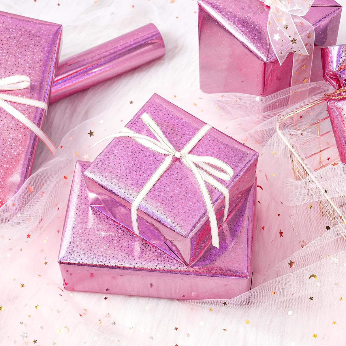 Pink Holographic Wrapping Paper Roll for Girls, Valentine's Day Pink Stars Gift Wrap for Birthday, Wedding, Mother's Day, Christmas, 17 Inches x 16.4 Feet