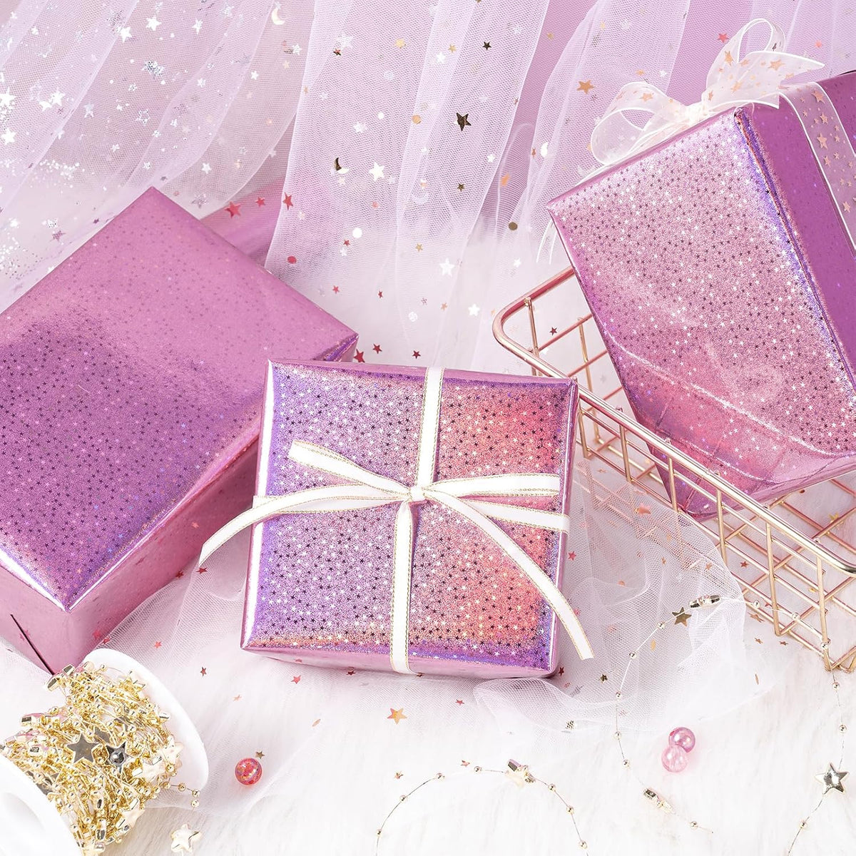 Pink Holographic Wrapping Paper Roll for Girls, Valentine's Day Pink Stars Gift Wrap for Birthday, Wedding, Mother's Day, Christmas, 17 Inches x 16.4 Feet
