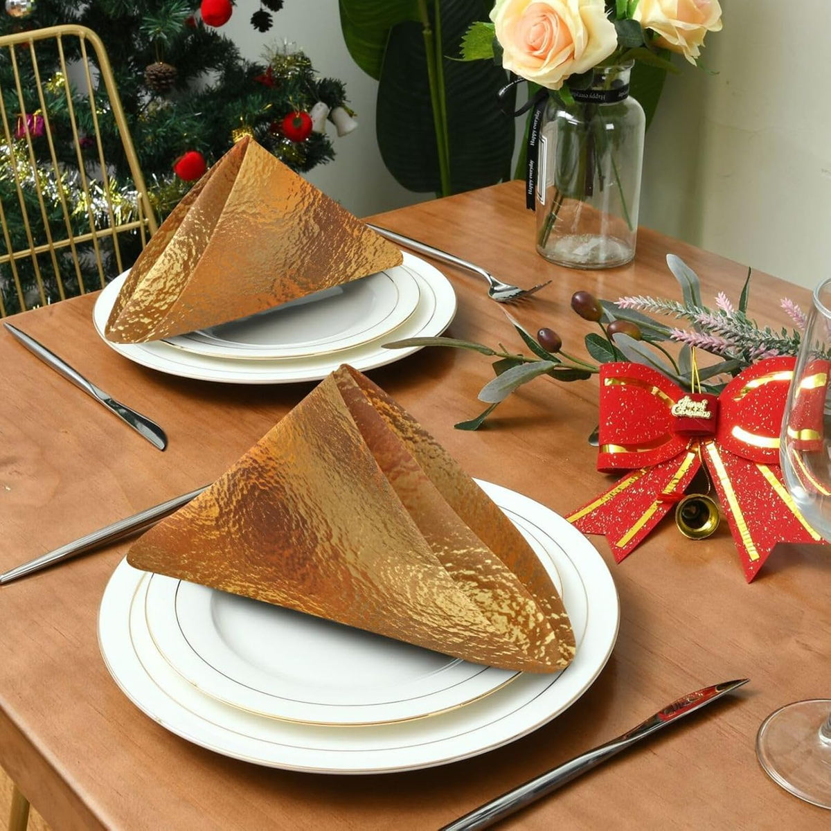 Gold Ripple 20x20 Inch Cloth Napkins Set of 4, Satin Peach Skin Polyester Dinner Napkins, Washable Reusable Table Napkins with Hemmed Edges for Wedding Party Restaurant Everyday Use