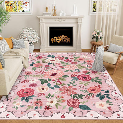 5x7 Area Rugs, Floral Washable Rug for Living Room Non Slip, Pink