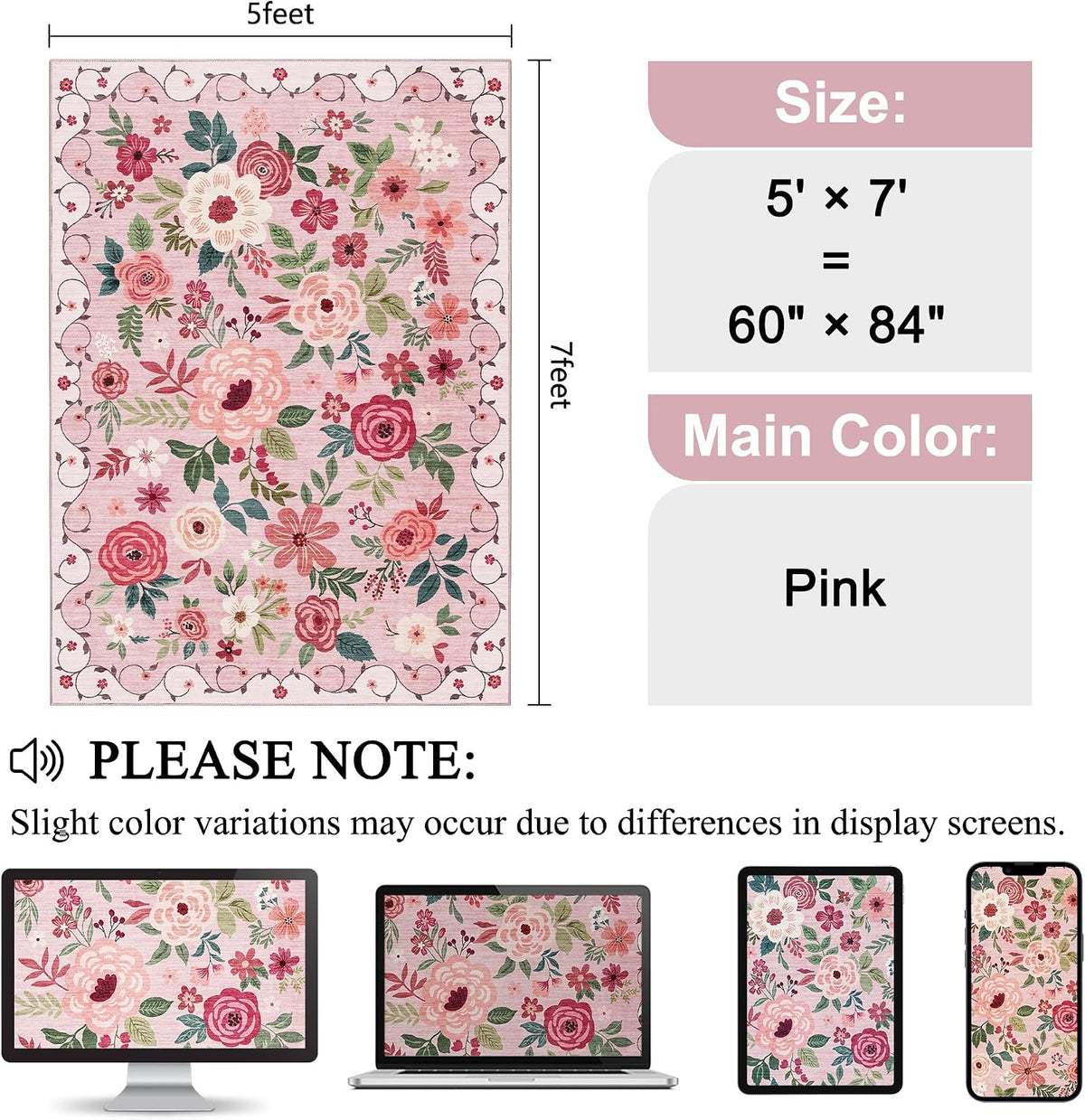 5x7 Area Rugs, Floral Washable Rug for Living Room Non Slip, Pink