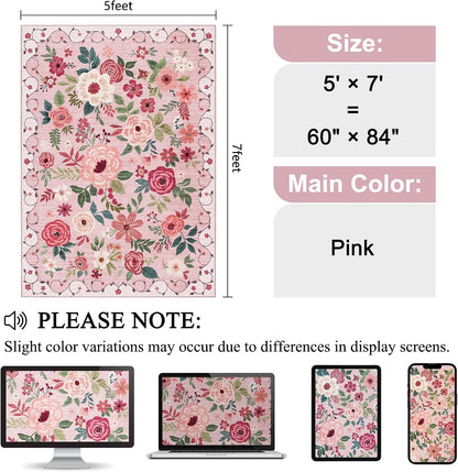 5x7 Area Rugs, Floral Washable Rug for Living Room Non Slip, Pink