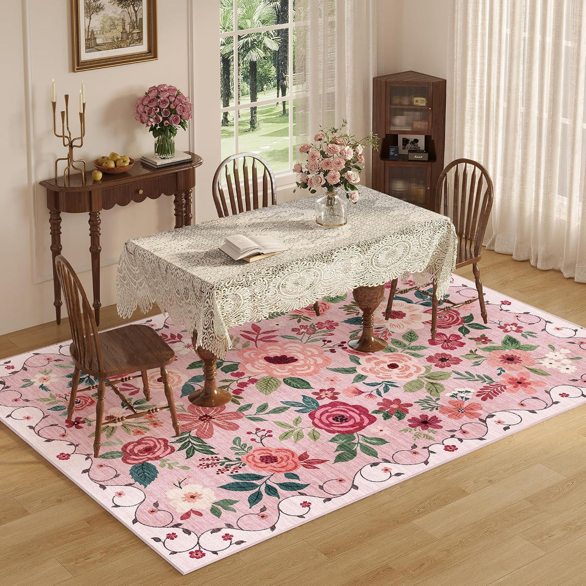 5x7 Area Rugs, Floral Washable Rug for Living Room Non Slip, Pink