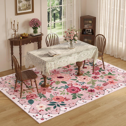 5x7 Area Rugs, Floral Washable Rug for Living Room Non Slip, Pink