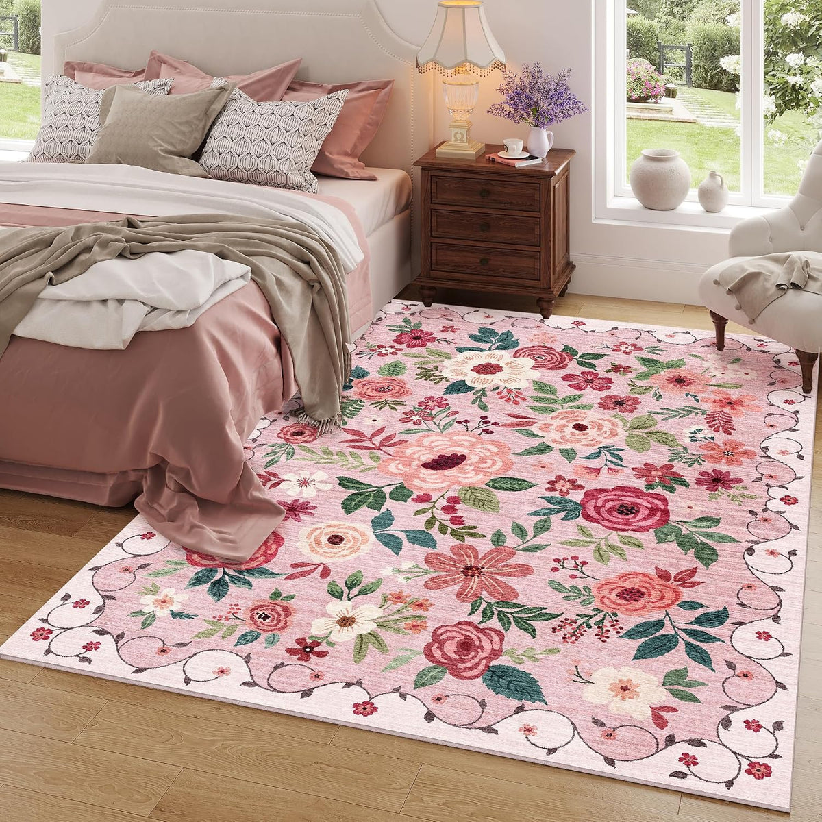 5x7 Area Rugs, Floral Washable Rug for Living Room Non Slip, Pink