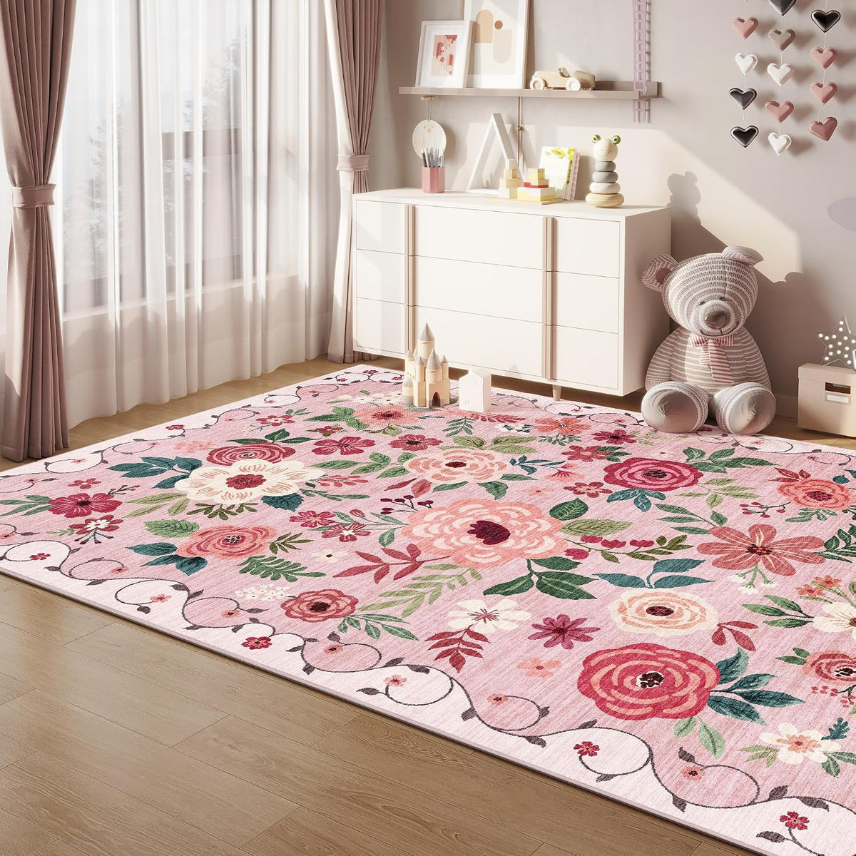 5x7 Area Rugs, Floral Washable Rug for Living Room Non Slip, Pink