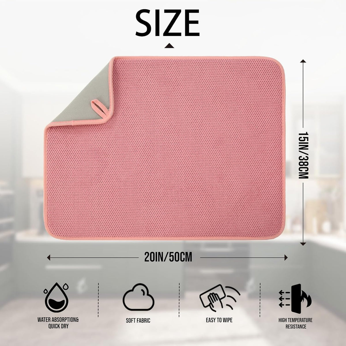 2 Pack Microfiber Dish Drying Mat, 20"×15" ,Pink
