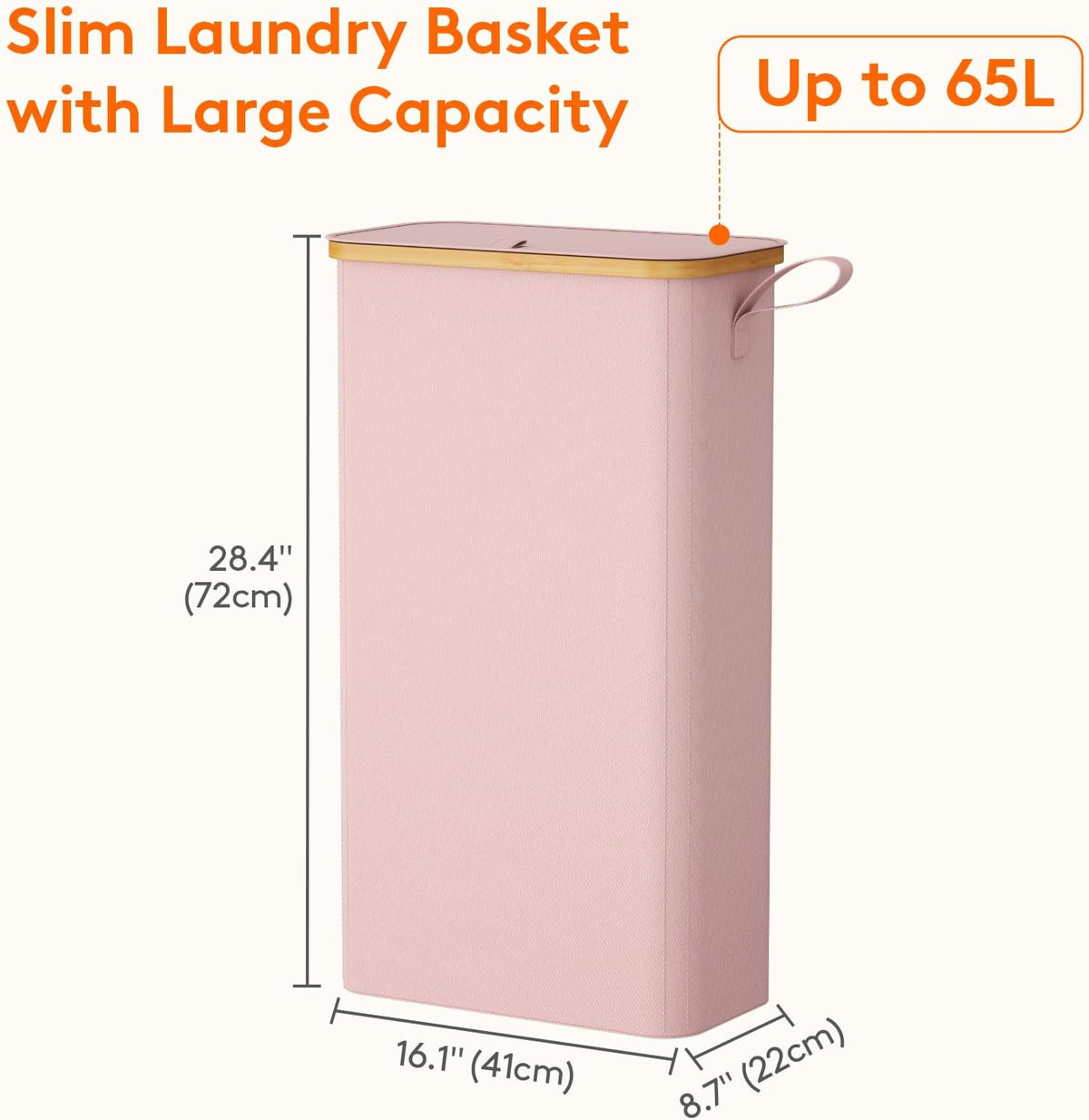65L Slim Laundry Hamper with Lid and Removable Bag, Pink