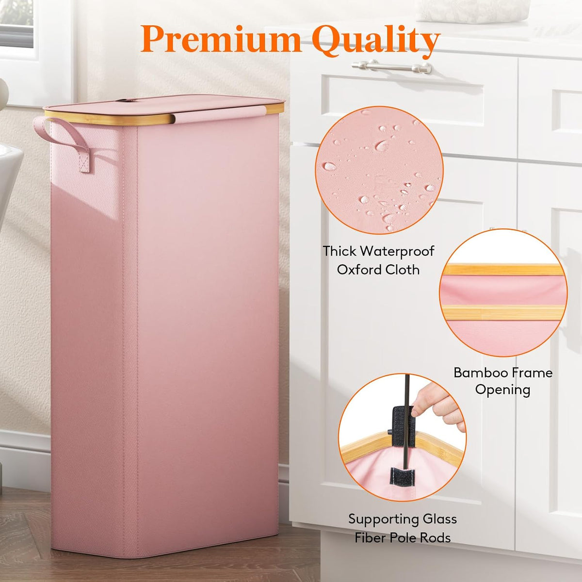 65L Slim Laundry Hamper with Lid and Removable Bag, Pink