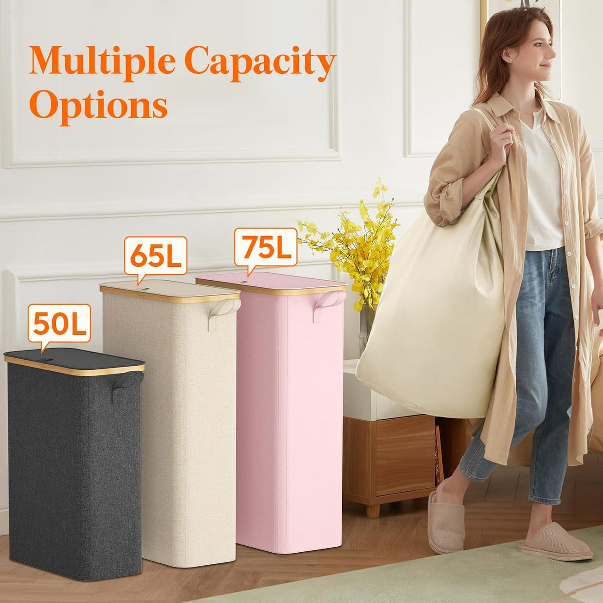 65L Slim Laundry Hamper with Lid and Removable Bag, Pink