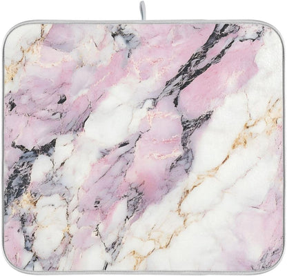 Dish Drying Mat for Kitchen Counter,White Pink Marble 16"x18" Super Absorbent Kitchen Mat, Multi-Functional Draining Racks Pad Coffee Mats
