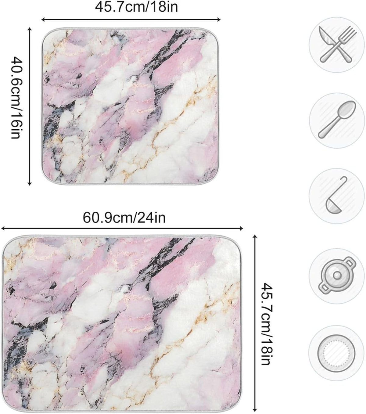 Dish Drying Mat for Kitchen Counter,White Pink Marble 16"x18" Super Absorbent Kitchen Mat, Multi-Functional Draining Racks Pad Coffee Mats