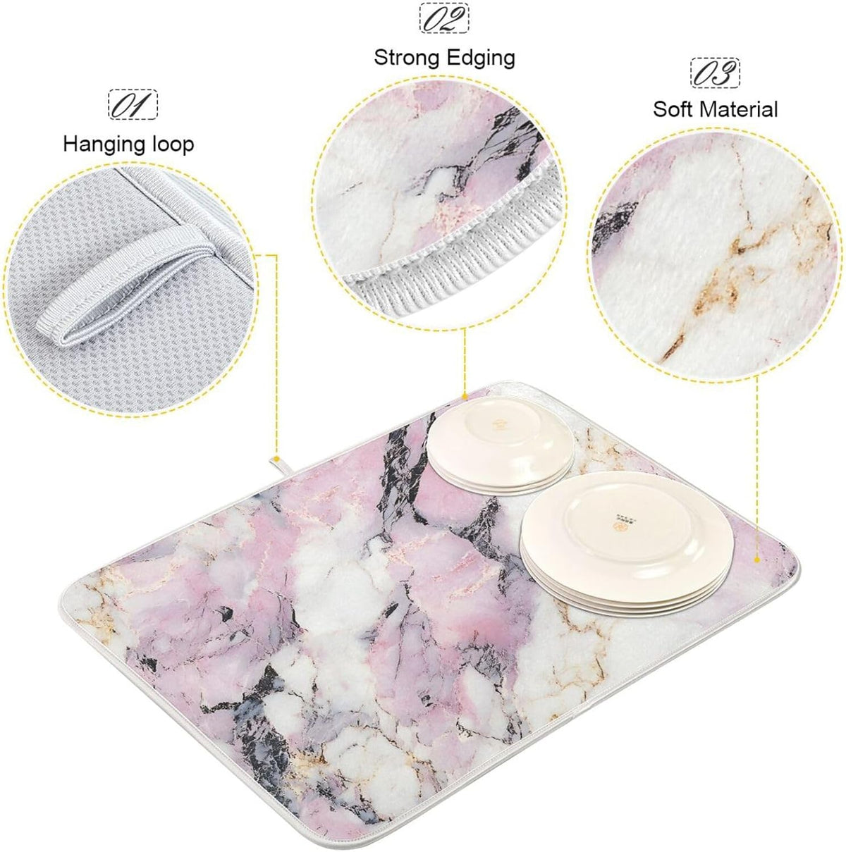 Dish Drying Mat for Kitchen Counter,White Pink Marble 16"x18" Super Absorbent Kitchen Mat, Multi-Functional Draining Racks Pad Coffee Mats