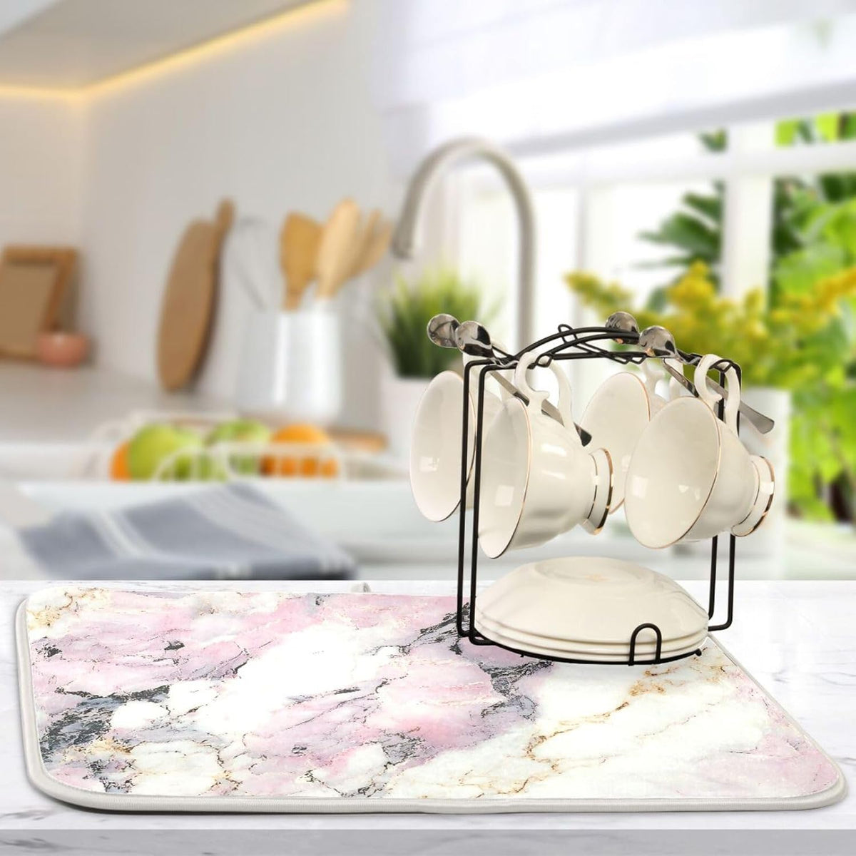 Dish Drying Mat for Kitchen Counter,White Pink Marble 16"x18" Super Absorbent Kitchen Mat, Multi-Functional Draining Racks Pad Coffee Mats