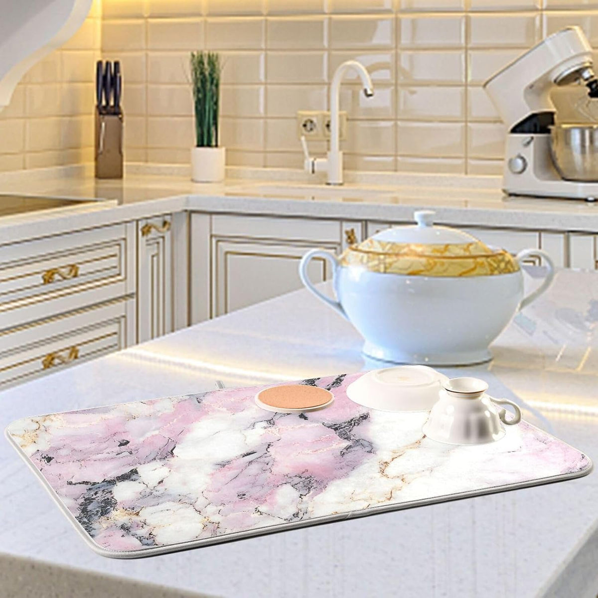 Dish Drying Mat for Kitchen Counter,White Pink Marble 16"x18" Super Absorbent Kitchen Mat, Multi-Functional Draining Racks Pad Coffee Mats
