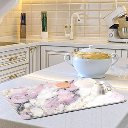 Dish Drying Mat for Kitchen Counter,White Pink Marble 16"x18" Super Absorbent Kitchen Mat, Multi-Functional Draining Racks Pad Coffee Mats