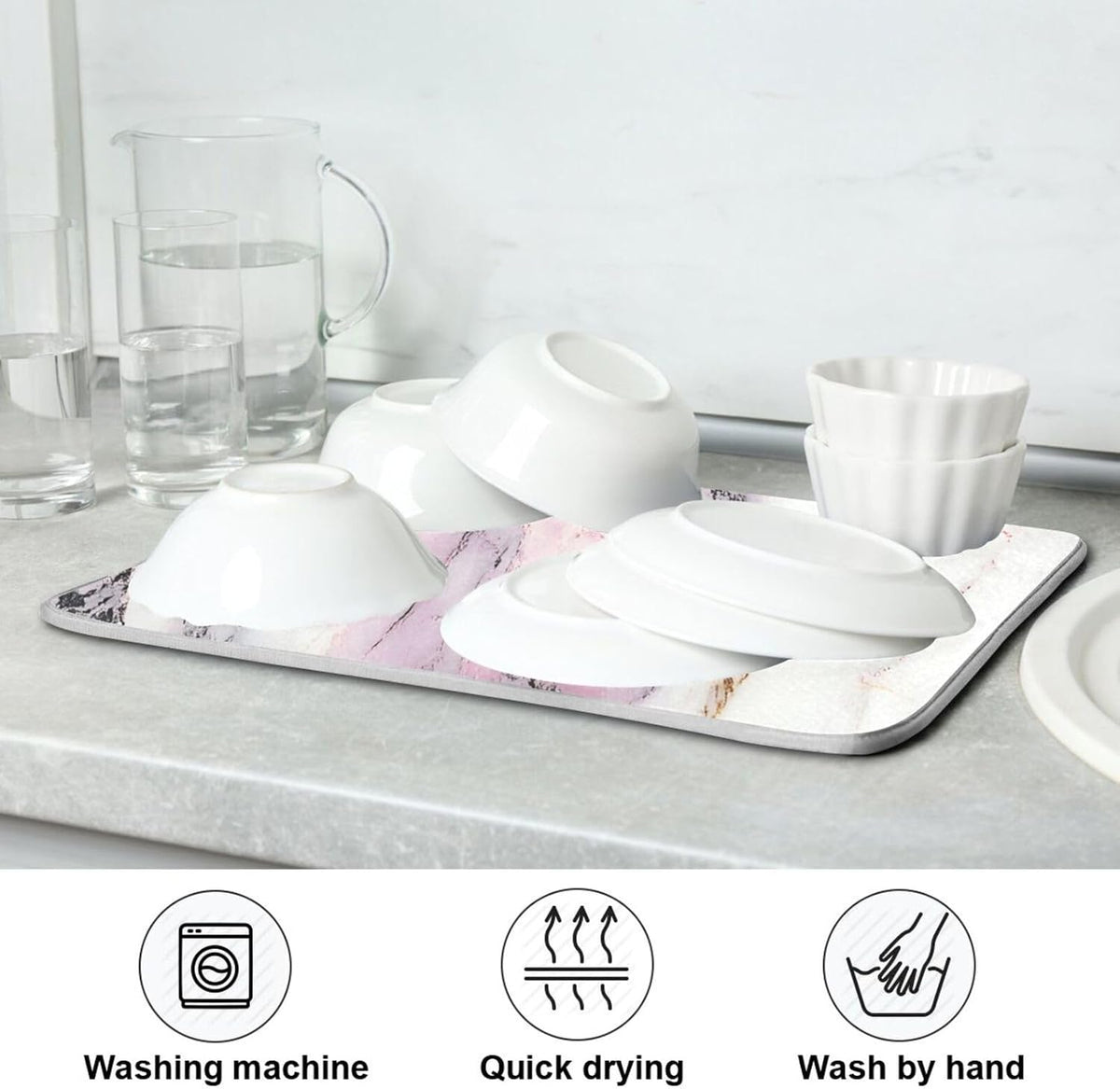 Dish Drying Mat for Kitchen Counter,White Pink Marble 16"x18" Super Absorbent Kitchen Mat, Multi-Functional Draining Racks Pad Coffee Mats