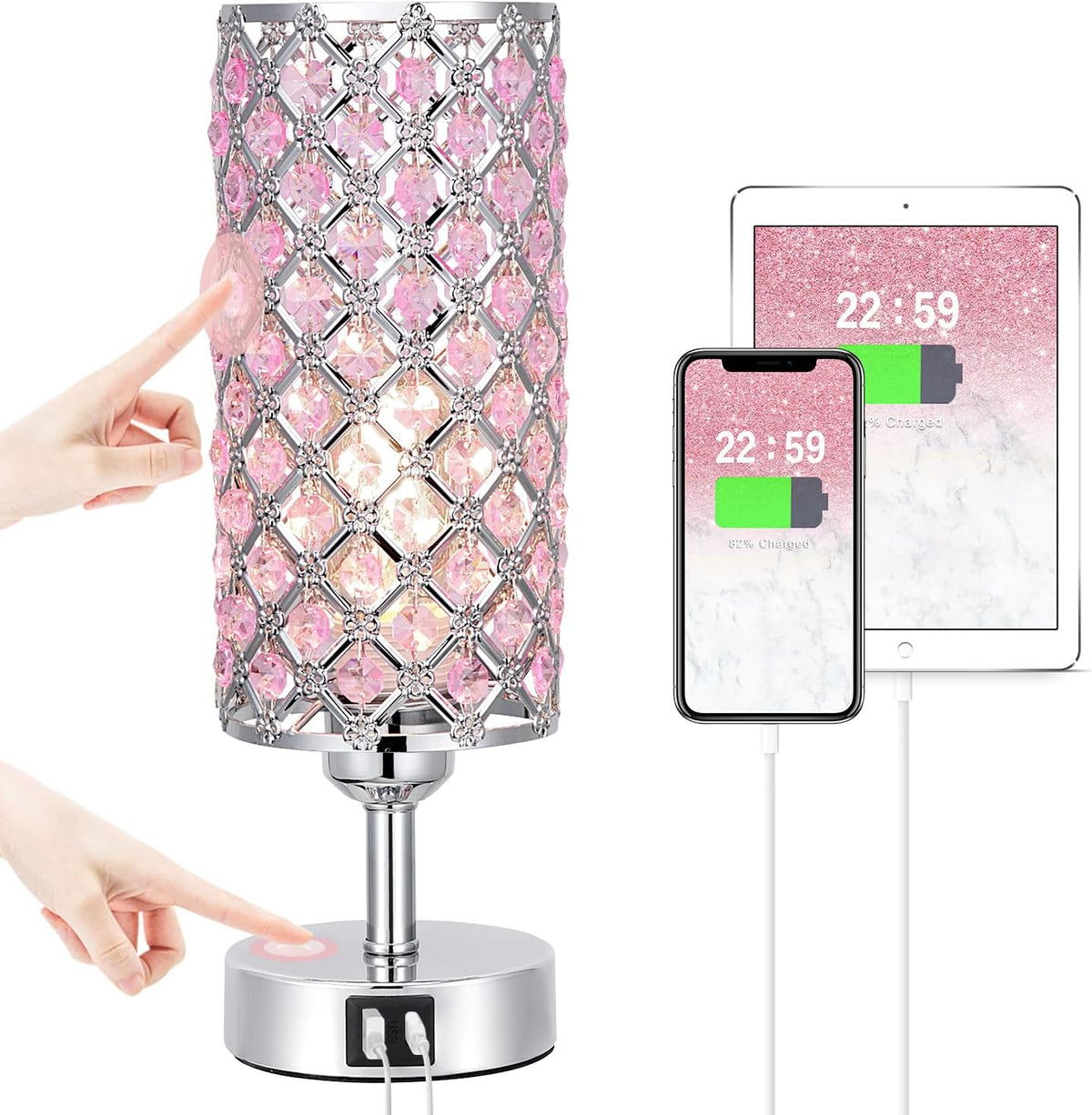 Pink Crystal Touch Lamp with USB C+A, 3-Way Dimmable Bedside Lamp