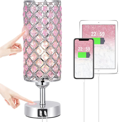 Pink Crystal Touch Lamp with USB C+A, 3-Way Dimmable Bedside Lamp