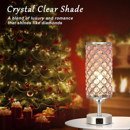Pink Crystal Touch Lamp with USB C+A, 3-Way Dimmable Bedside Lamp