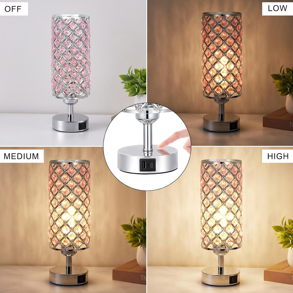 Pink Crystal Touch Lamp with USB C+A, 3-Way Dimmable Bedside Lamp