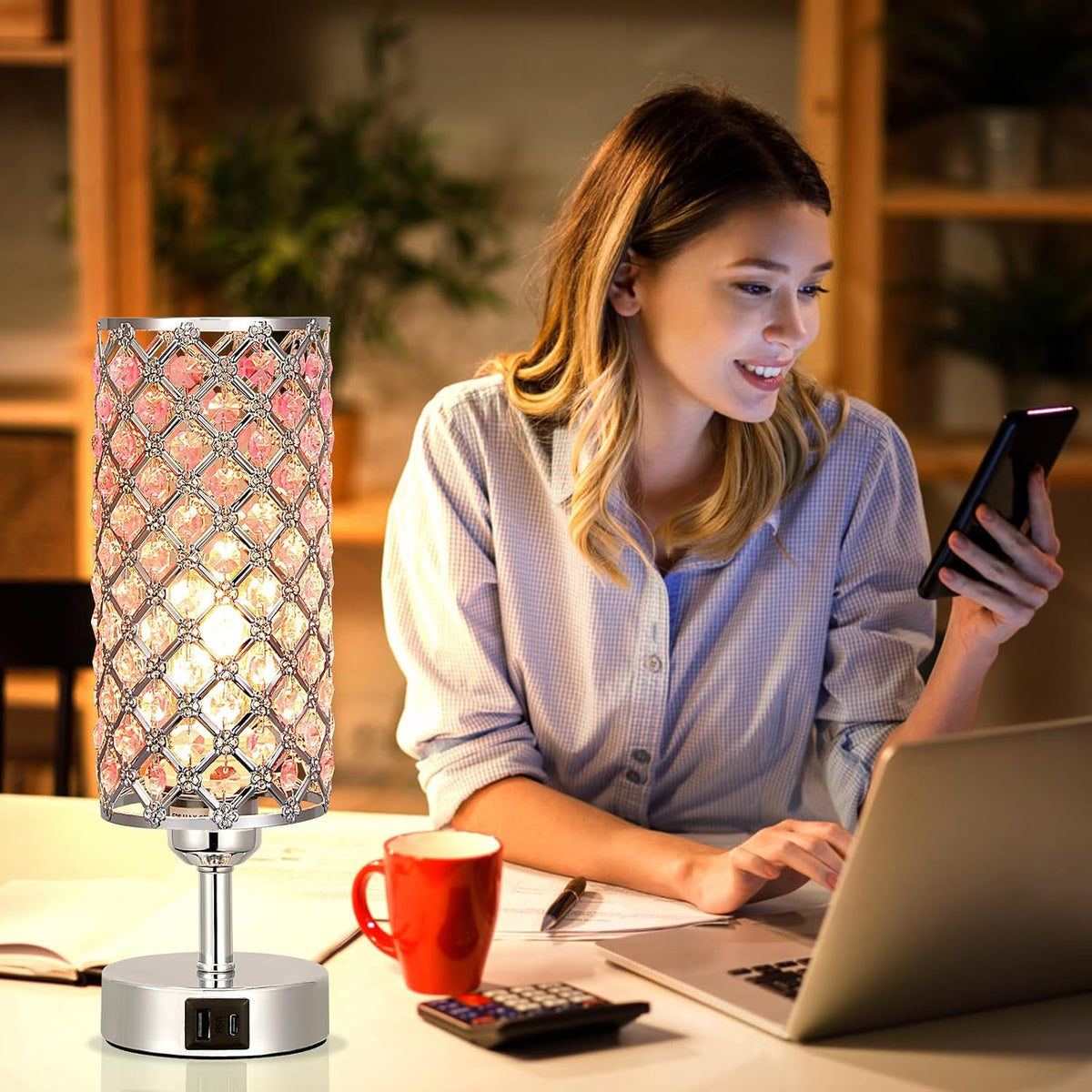 Pink Crystal Touch Lamp with USB C+A, 3-Way Dimmable Bedside Lamp