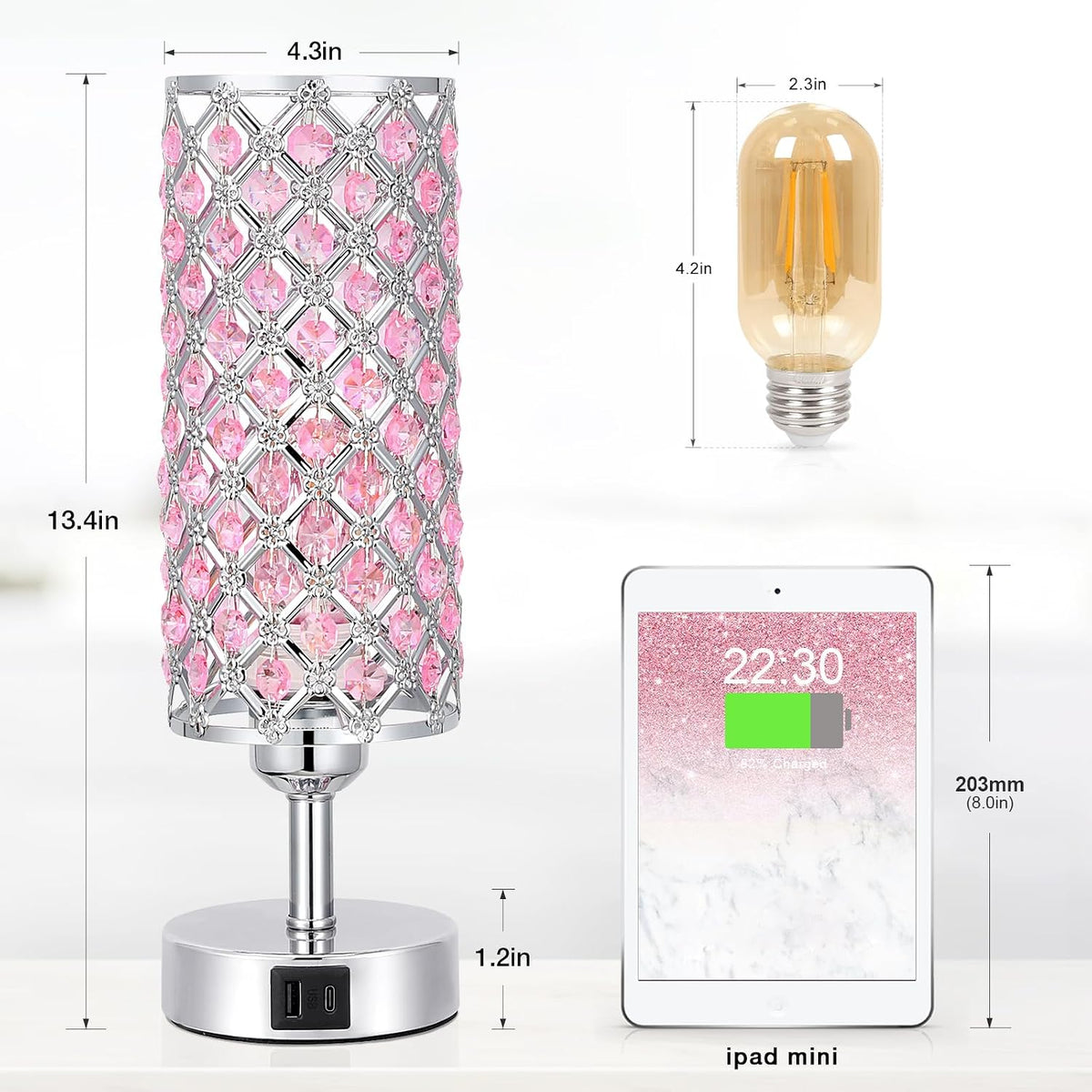 Pink Crystal Touch Lamp with USB C+A, 3-Way Dimmable Bedside Lamp