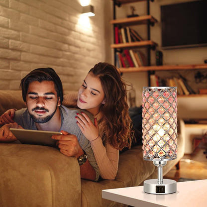 Pink Crystal Touch Lamp with USB C+A, 3-Way Dimmable Bedside Lamp