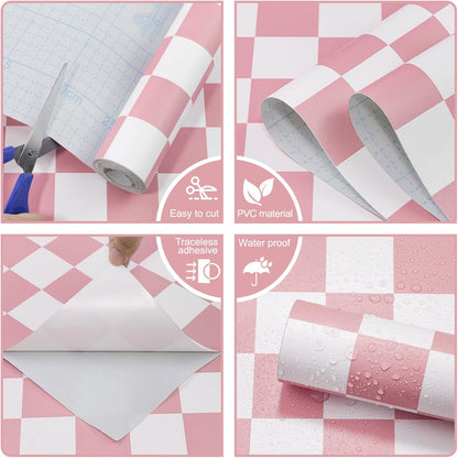 CAX Pink and White Contact Paper Mosaic Checkered Peel and Stick Wallpaper