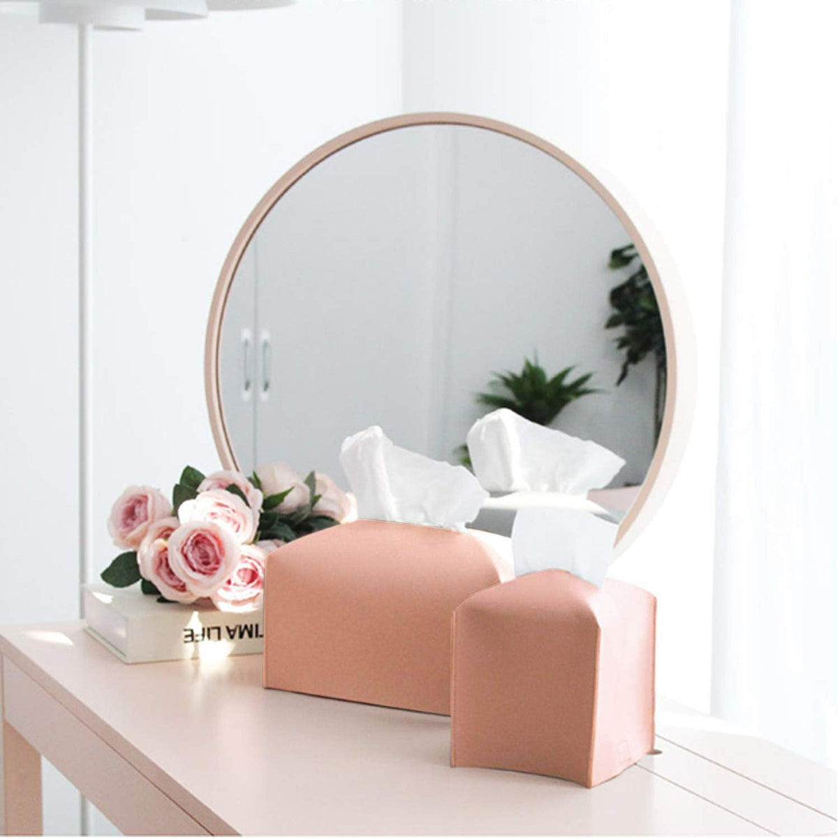 Tissue Box Cover, [Refined] Modern PU Leather Rectangular Tissue Box Holder - Decorative Holder/Organizer for Bathroom Vanity Countertop, Night Stands, Office Desk 9.5"X5"X5" - Peach Pink