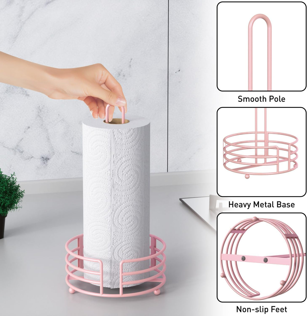 Buruis Metal Paper Towel Holder for Kitchen Countertop, Pastel Pink