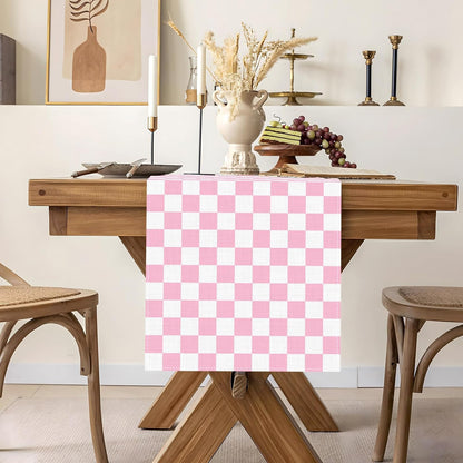 Pink Checkered Table Runner Pastel Preppy Checkerboard Baby Shower Party Decoration Easter Wedding Home Kitchen Dining Room Table Decor