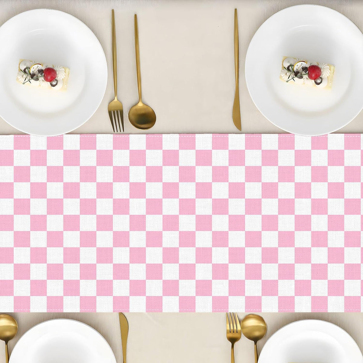 Pink Checkered Table Runner Pastel Preppy Checkerboard Baby Shower Party Decoration Easter Wedding Home Kitchen Dining Room Table Decor