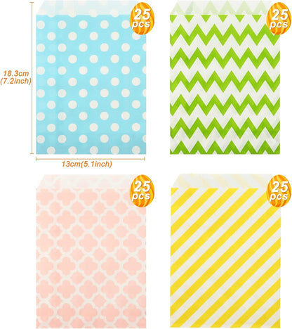 KESOTO 100 Pack Pastel Cookie Candy Buffet Easter Bags, 5x7 Small Paper Bags for Easter Birthday Holiday Party Favor Supplies, Green Yellow Blue Pink