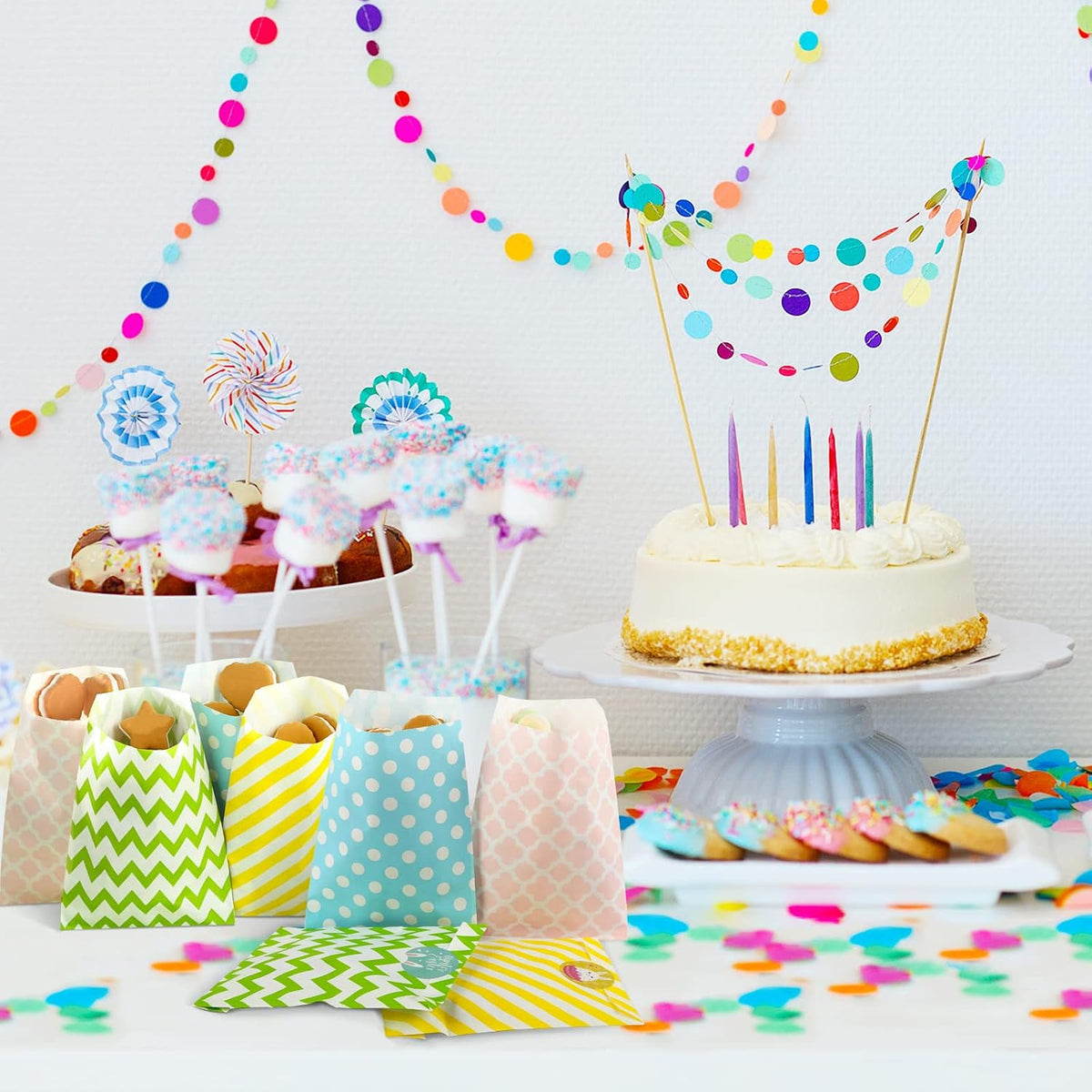 KESOTO 100 Pack Pastel Cookie Candy Buffet Easter Bags, 5x7 Small Paper Bags for Easter Birthday Holiday Party Favor Supplies, Green Yellow Blue Pink