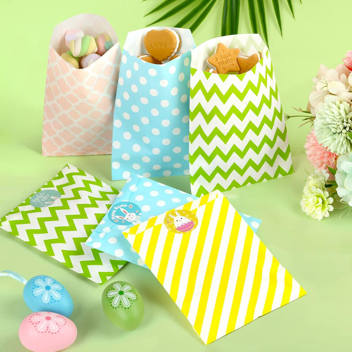 KESOTO 100 Pack Pastel Cookie Candy Buffet Easter Bags, 5x7 Small Paper Bags for Easter Birthday Holiday Party Favor Supplies, Green Yellow Blue Pink