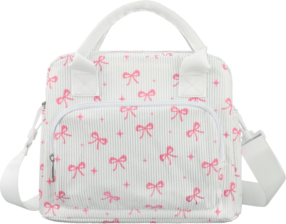 Pink Bow Lunch Bag for Women Large Pink Bow Lunch Box Reusable Insulated Bows Lunches Tote Bag with Adjustable Shoulder Straps for Women Adult Work Office Travel Picnic Food Container