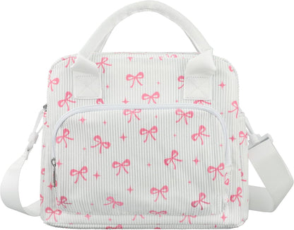 Pink Bow Lunch Bag for Women Large Pink Bow Lunch Box Reusable Insulated Bows Lunches Tote Bag with Adjustable Shoulder Straps for Women Adult Work Office Travel Picnic Food Container