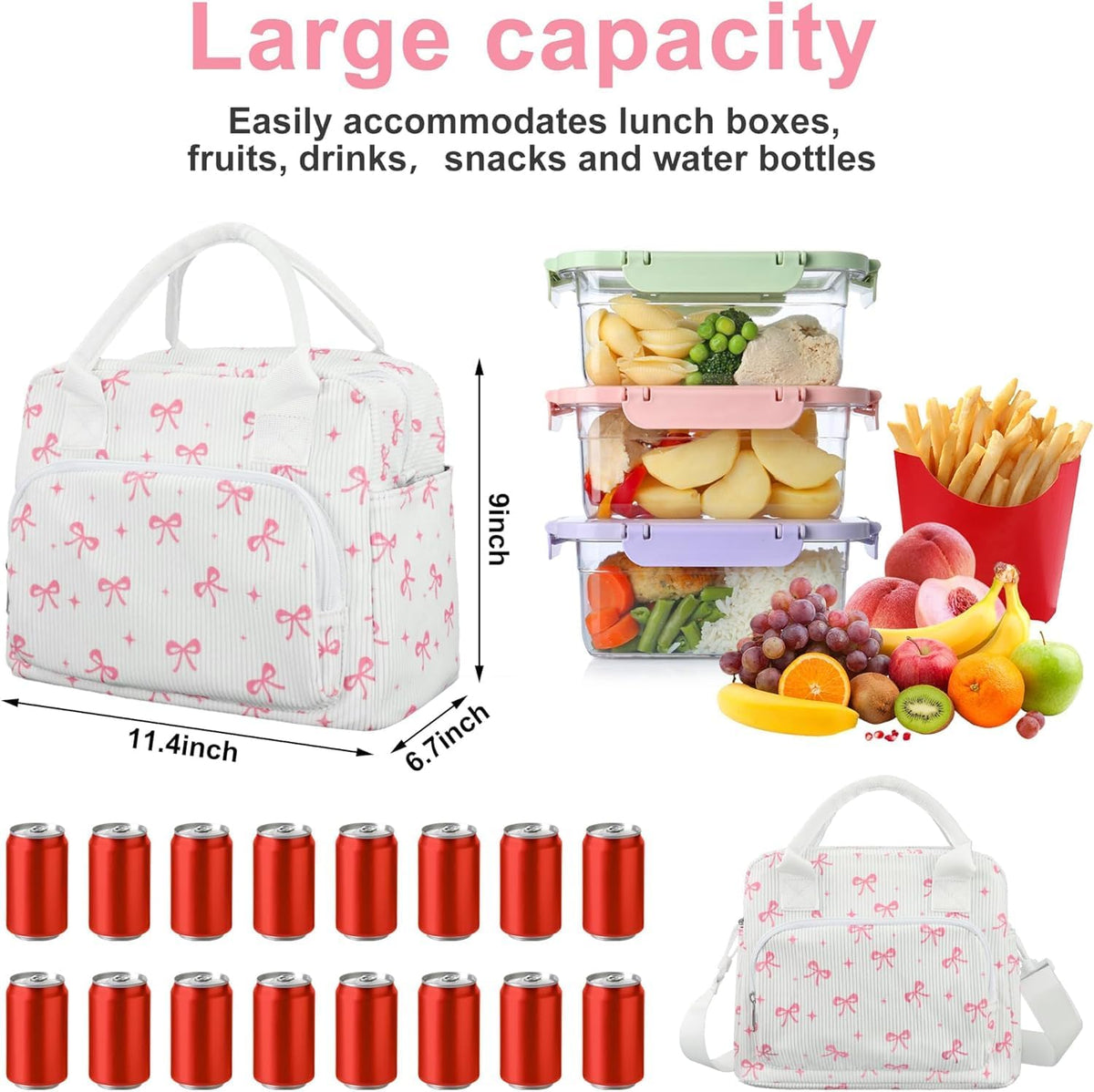 Pink Bow Lunch Bag for Women Large Pink Bow Lunch Box Reusable Insulated Bows Lunches Tote Bag with Adjustable Shoulder Straps for Women Adult Work Office Travel Picnic Food Container