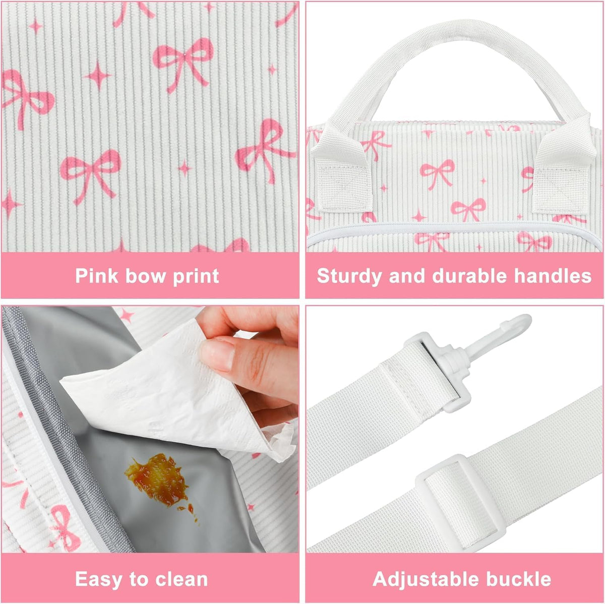 Pink Bow Lunch Bag for Women Large Pink Bow Lunch Box Reusable Insulated Bows Lunches Tote Bag with Adjustable Shoulder Straps for Women Adult Work Office Travel Picnic Food Container