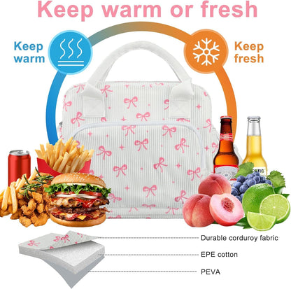 Pink Bow Lunch Bag for Women Large Pink Bow Lunch Box Reusable Insulated Bows Lunches Tote Bag with Adjustable Shoulder Straps for Women Adult Work Office Travel Picnic Food Container