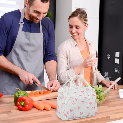 Pink Bow Lunch Bag for Women Large Pink Bow Lunch Box Reusable Insulated Bows Lunches Tote Bag with Adjustable Shoulder Straps for Women Adult Work Office Travel Picnic Food Container