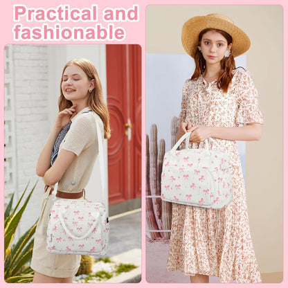 Pink Bow Lunch Bag for Women Large Pink Bow Lunch Box Reusable Insulated Bows Lunches Tote Bag with Adjustable Shoulder Straps for Women Adult Work Office Travel Picnic Food Container